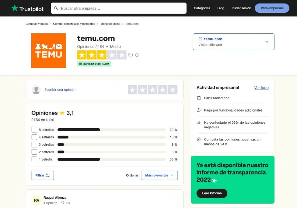 Temu. Com trustpilot opiniones de clientes reales con una opinión media de un 3,1 sobre 5