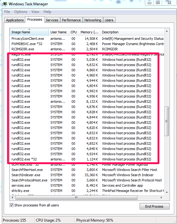 Windows rundll 32 exe en administrador de tareas