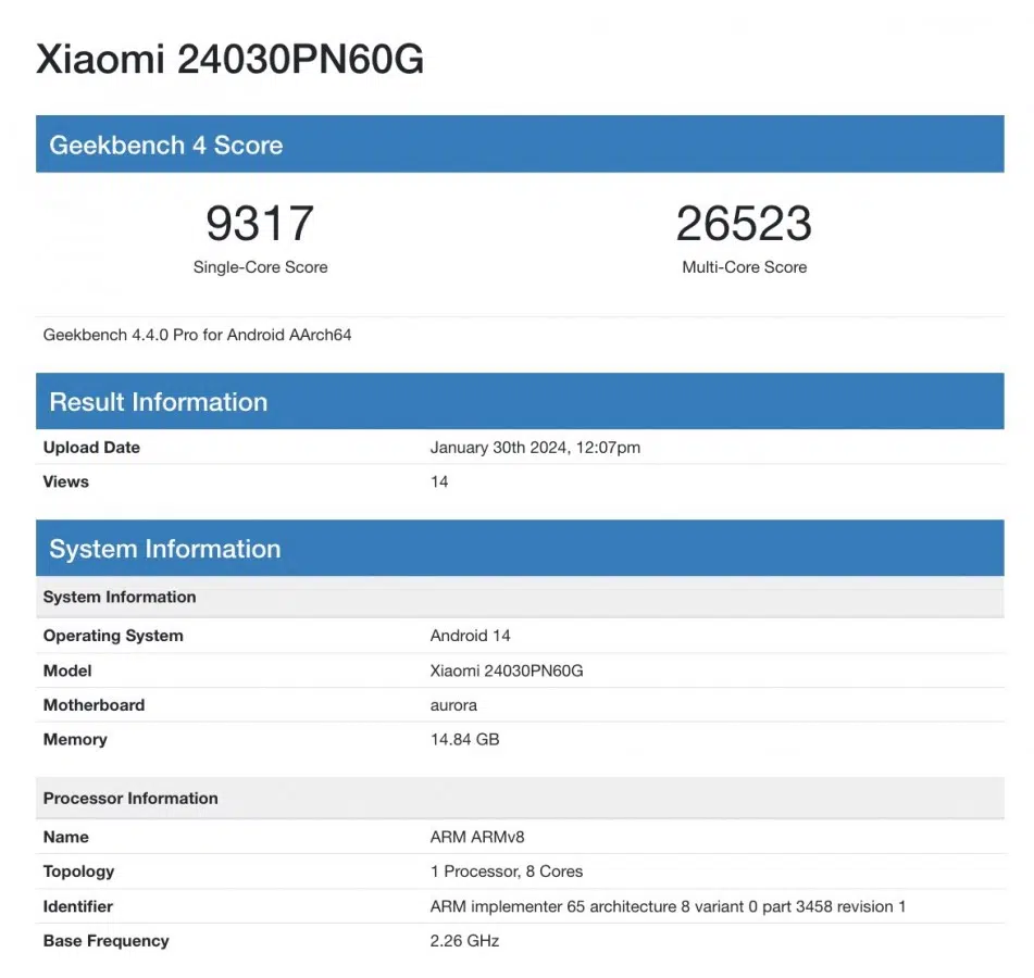 Aparece en el listado de geekbench el xiaomi 14 ultra con todos los datos