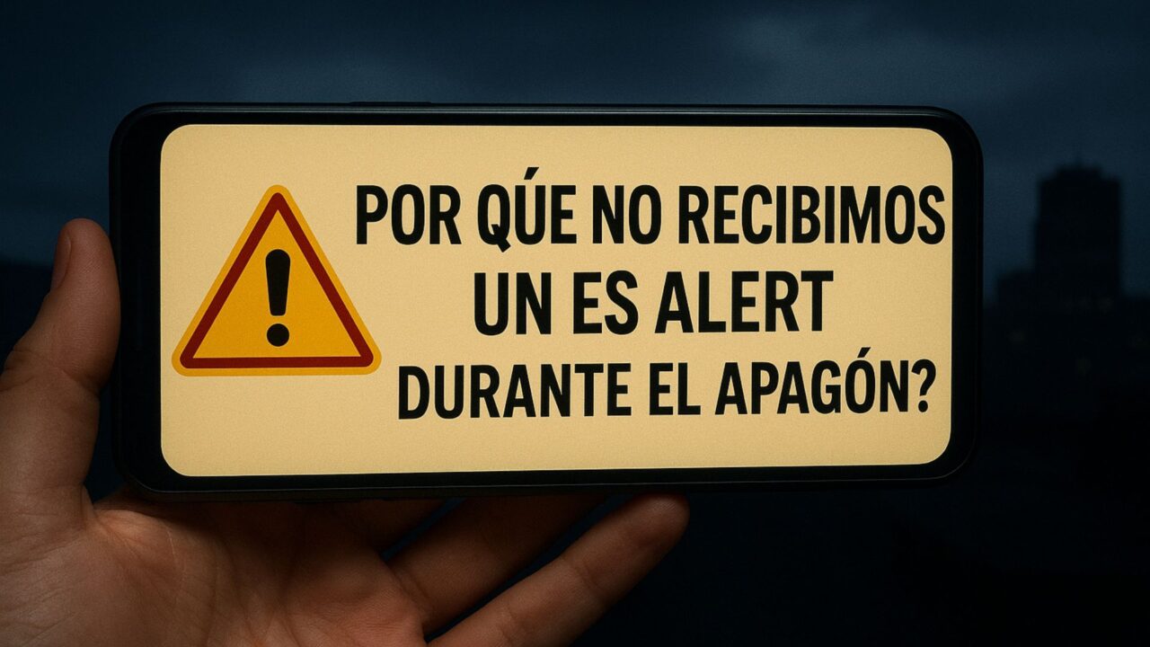 Teléfono móvil mostrando una alerta de emergencia con el mensaje “¿Por qué no recibimos un ES Alert durante el apagón?”, sostenido por una mano frente a un fondo urbano oscuro.