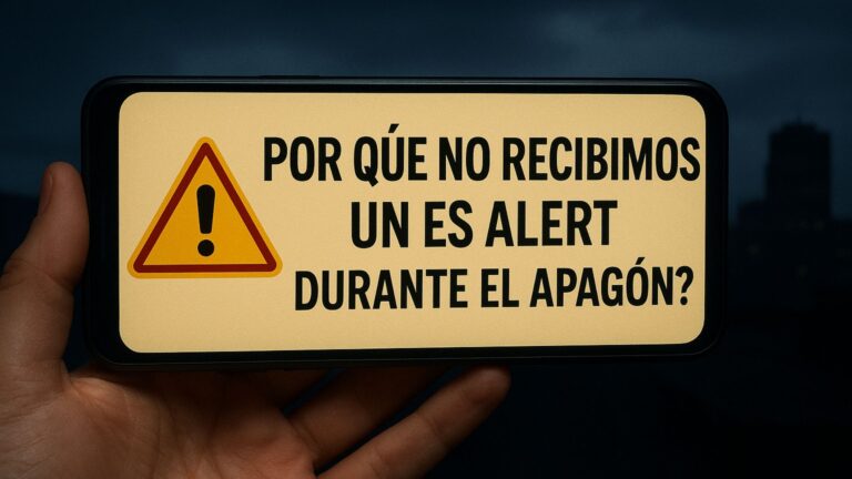 Teléfono móvil mostrando una alerta de emergencia con el mensaje “¿Por qué no recibimos un ES Alert durante el apagón?”, sostenido por una mano frente a un fondo urbano oscuro.