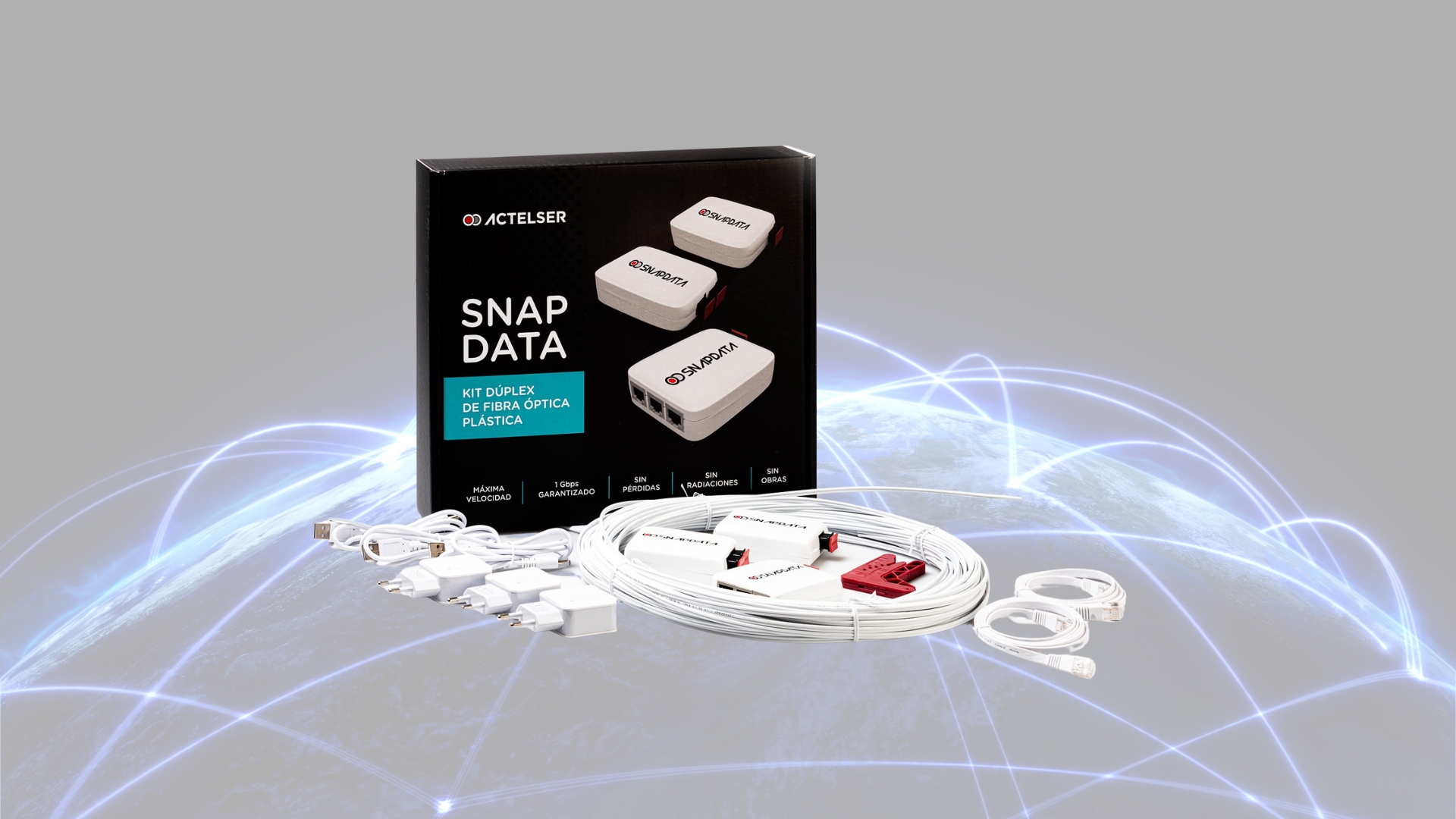 Kit dúplex snap data de actelser con fibra óptica plástica, cables y adaptadores, diseñado para ofrecer máxima velocidad y fácil instalación sin obras.