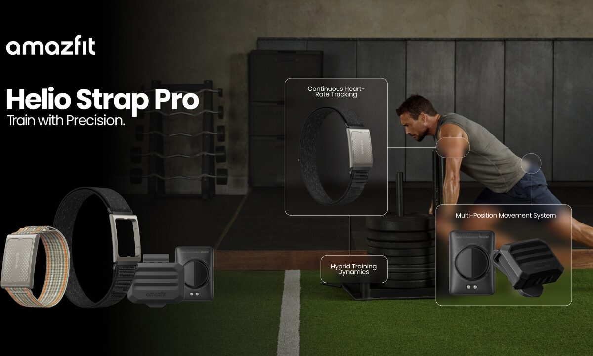 Amazfit helio strap pro mostrando los sensores helio core motion hr en el brazo y helio core motion waist en la cintura