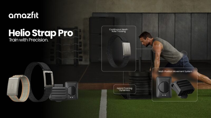 Amazfit helio strap pro mostrando los sensores helio core motion hr en el brazo y helio core motion waist en la cintura